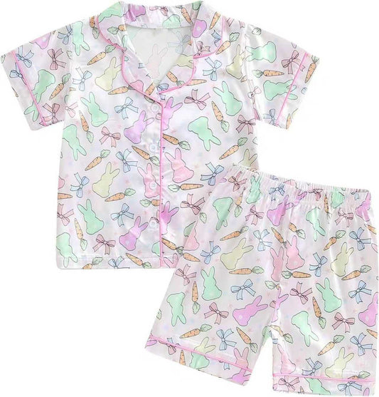 ( Moq 5 ) Preorder Adult Women Rabbits Carrots Bows Buttons Shirt Shorts Easter Pajamas Set