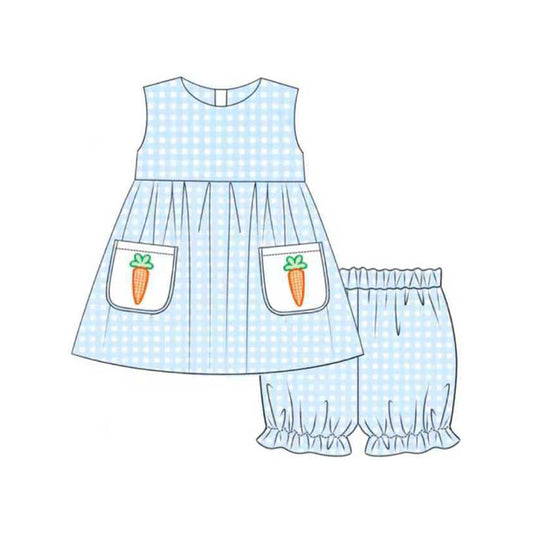 ( Moq 5 ) Preorder Baby Girls Sleeveless Carrots Buttons Tops Blue Plaid Shorts Easter Set