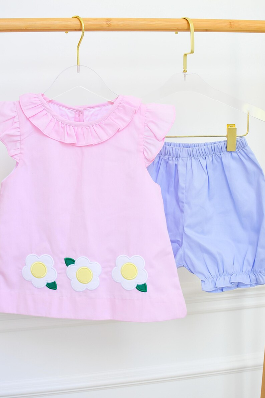 ( Moq 5 ) Preorder Baby Girls Short Sleeves Flower Tunic Ruffle Shorts Clothes Set