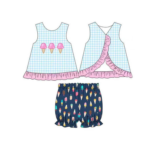 ( Moq 5 ) Preorder Baby Girls Sleeveless Blue Plaid Tunic Popsicles Shorts Clothes Set