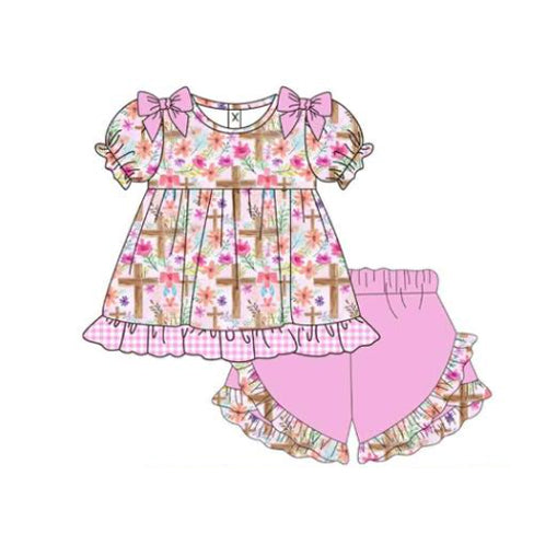 ( Moq 5 ) Preorder Baby Girls Flowers Cross Tunic Ruffle Shorts Easter Clothes Set