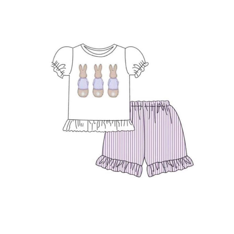 ( Moq 5 ) Preorder Baby Girls Rabbits Shirt Stripes Ruffle Shorts Easter Clothes Set