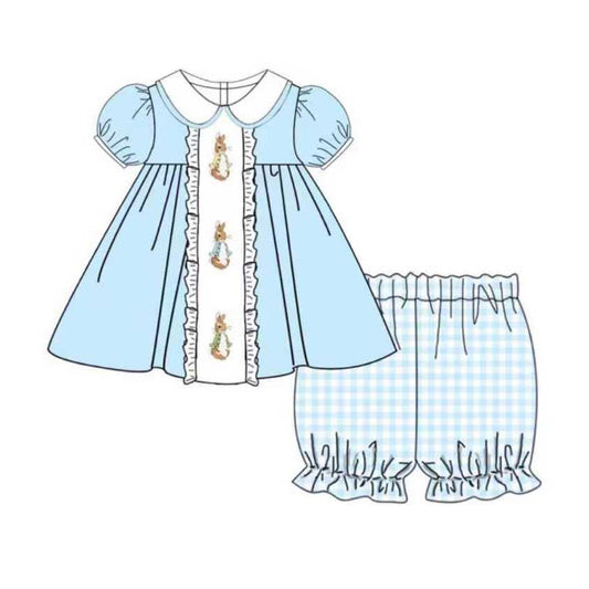 ( Moq 5 ) Preorder Baby Girls Rabbits Tunic Plaid Ruffle Shorts Easter Blue Clothes Set