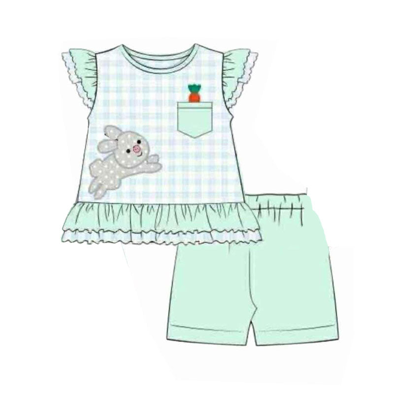( Moq 5 ) Preorder Baby Girls Short Sleeves Plaid Rabbits Carrots Shirt Green Shorts Easter Set