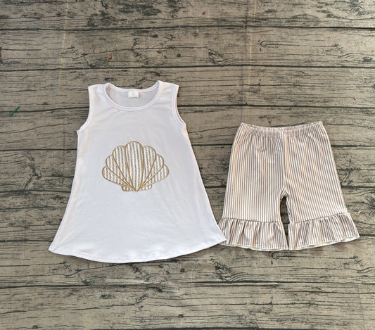 ( No moq ) Preorder Baby Girls Embroidery Shell Tops Ruffle Stripes Shorts Clothes Set