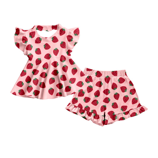 ( Moq 5 ) Preorder Baby Girls Short Sleeves Strawberry Tunic Ruffle Shorts Clothes Set