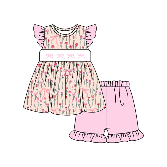 ( Moq 5 ) Preorder Baby Girls Short Sleeves Bows Floral Tunic Pink Ruffle Shorts Clothes Set