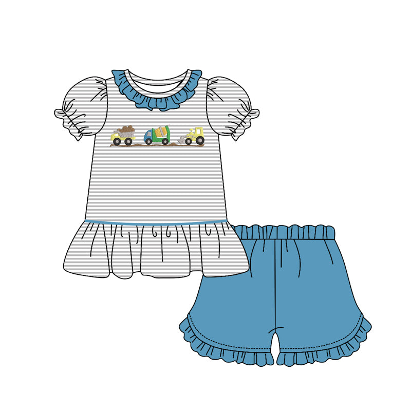 ( Moq 5 ) Preorder Baby Girls Short Sleeves Trucks Stripes Ruffle Shirt Shorts Summer Set