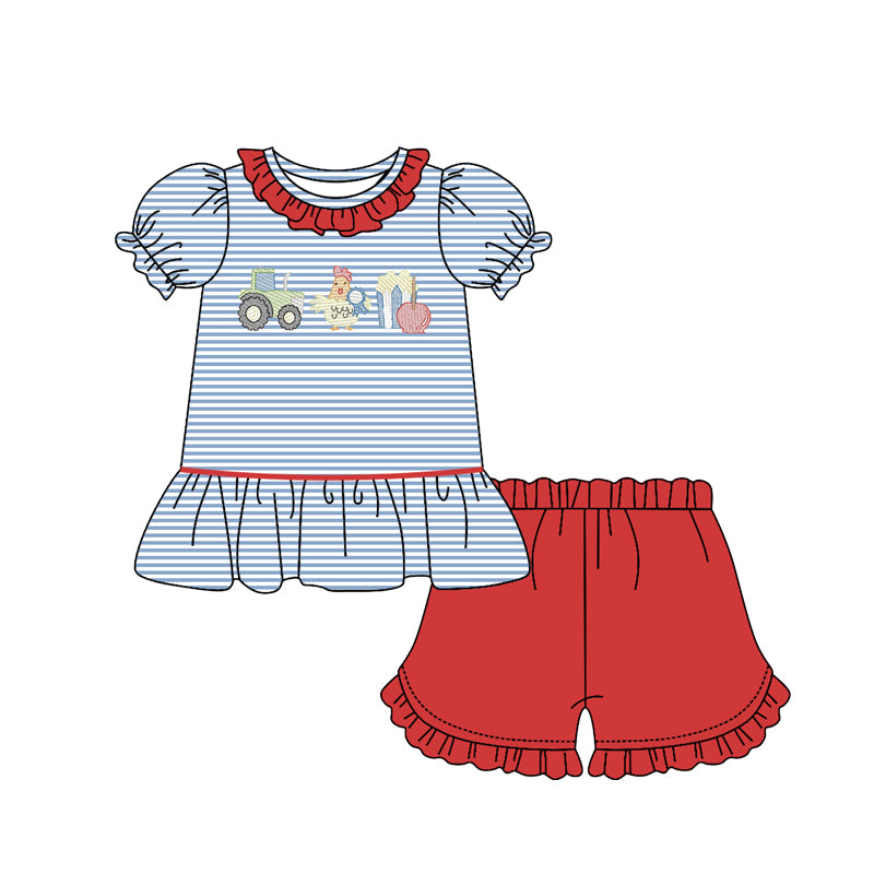 ( Moq 5 ) Preorder Baby Girls Farm Truck Chicken Stripes Shirt Red Ruffle Shorts Clothes Set