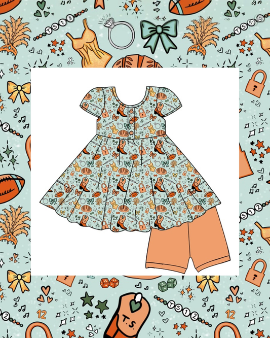 ( Moq 5 ) Preorder Baby Girls Short Sleeves Football Bows Boots Tunic Shorts Clothes Set