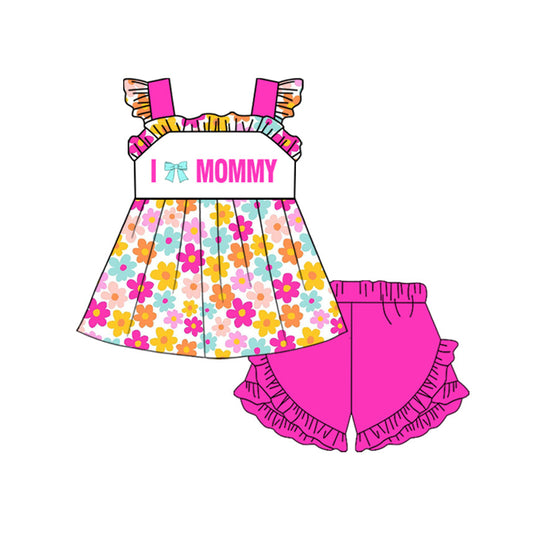 ( Moq 5 ) Preorder Baby Girls I Love Mommy Flower Tunic Pink Shorts Clothes Set