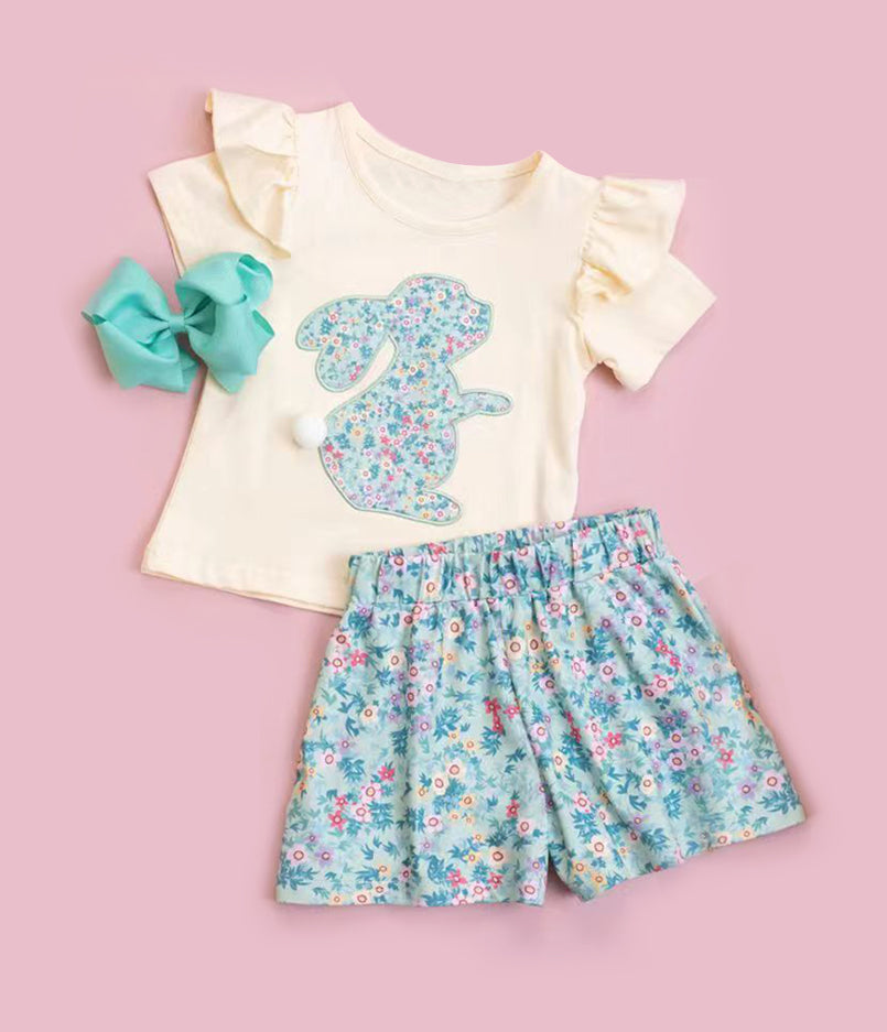 ( Moq 5 ) Preorder Baby Girls Short Sleeves Rabbit Ruffle Shirt Floral Shorts Easter Set