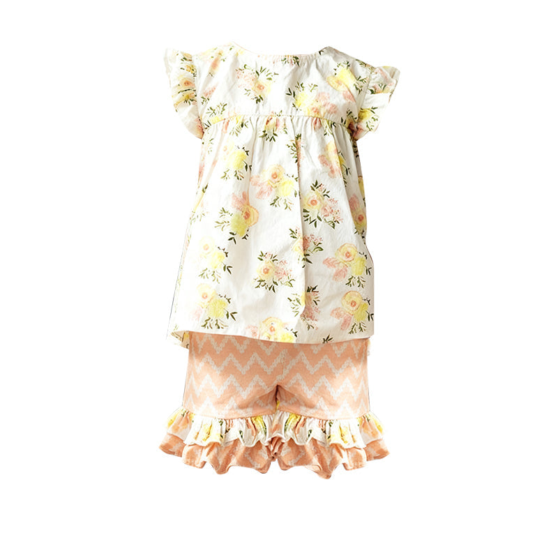 ( Moq 5 ) Preorder Baby Girls Short Sleeves Flower Tunic Ruffle Shorts Clothes Set