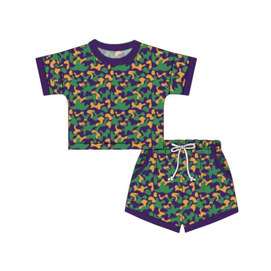 ( Moq 5 ) Preorder Baby Boys Kids Short Sleeves Camo Shirt Pockets Shorts Mardi Gras Set
