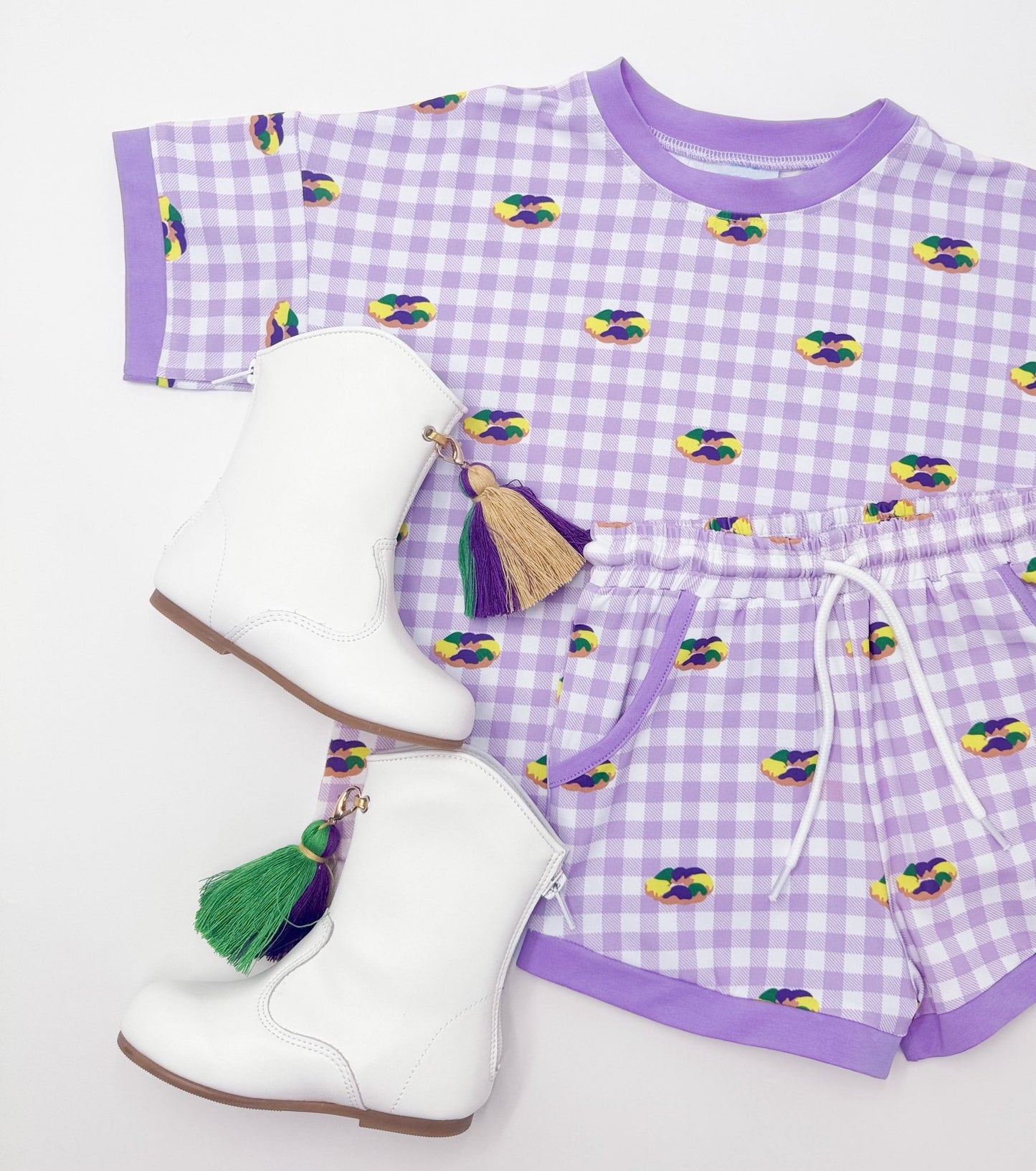 ( Moq 5 ) Preorder Baby Boys Short Sleeves Donuts Shirt Purple Plaid Pockets Shorts Mardi Gras Set