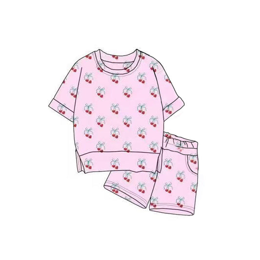 ( Moq 5 ) Preorder Baby Girls Short Sleeves Bows Hearts Tops Pockets Shorts Valentine Pink Outfit