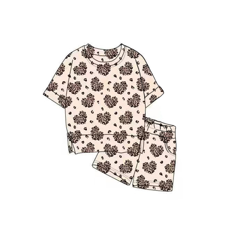 ( Moq 5 ) Preorder Baby Girls Short Sleeves Leopard Hearts Tops Pockets Shorts Valentine Clothes Outfit