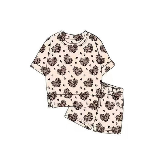 ( Moq 5 ) Preorder Baby Girls Short Sleeves Leopard Hearts Tops Pockets Shorts Valentine Clothes Outfit