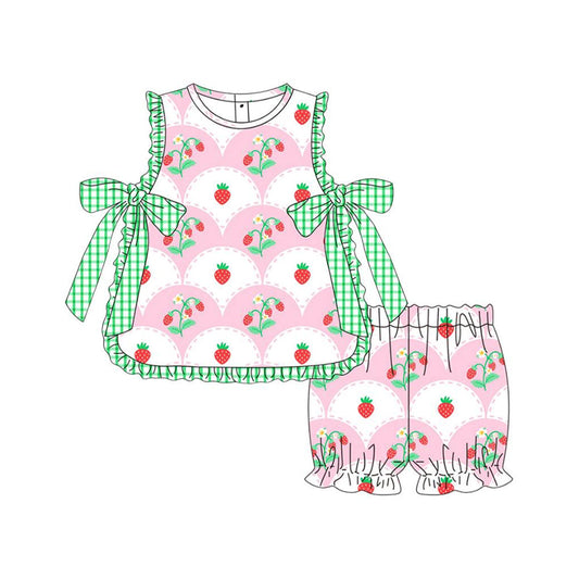 ( Moq 5 ) Preorder Baby Girls Strawberry Flower Bows Tunic Shorts Clothes Set
