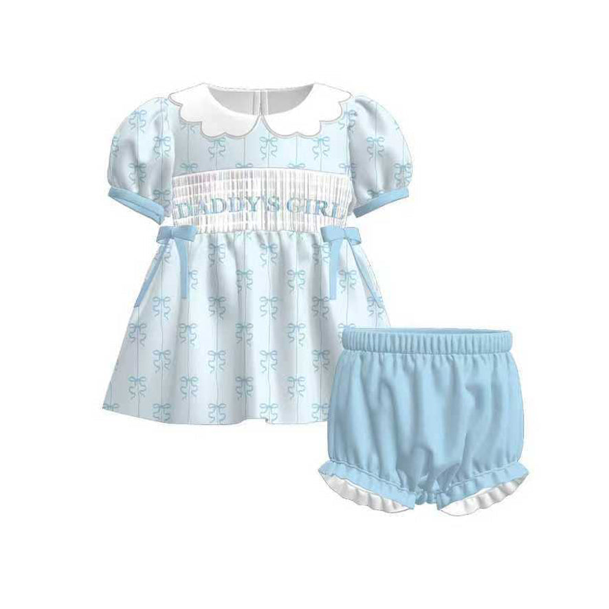 ( Moq 5 ) Preorder Baby Girls Short Sleeves Daddy's Girl Bows Tops Blue Shorts Clothes Set