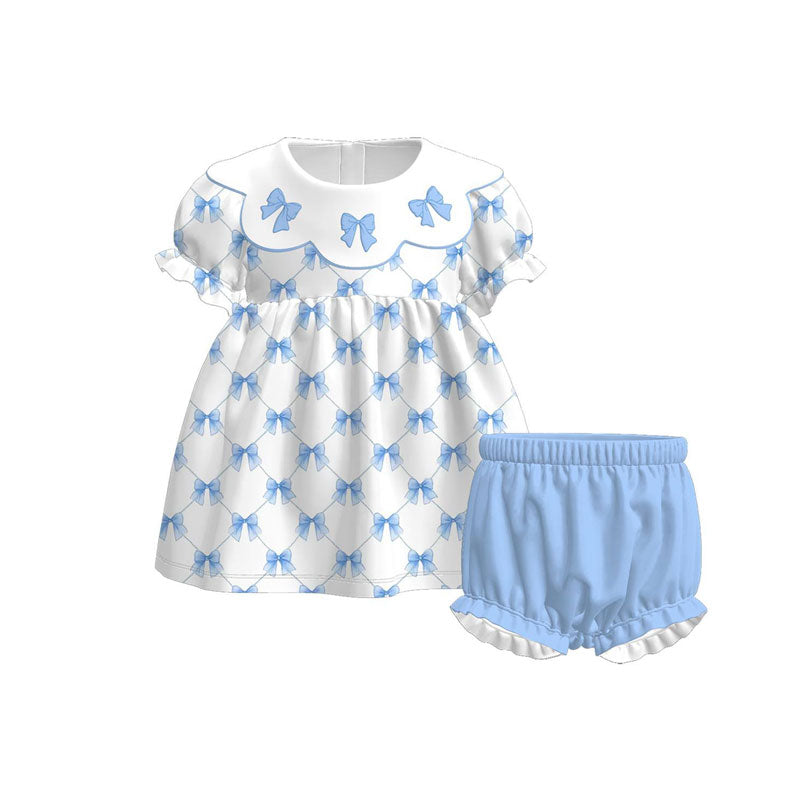 ( Moq 5 ) Preorder Baby Girls Kids Short Sleeves Bows Tops Blue Shorts Set