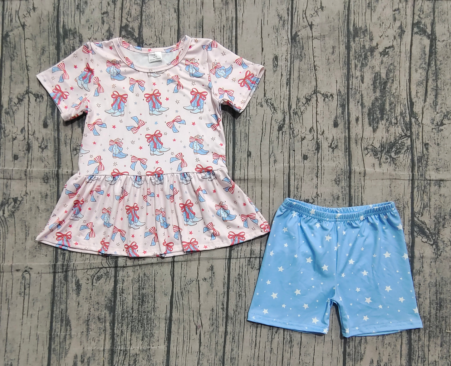 Baby Girls Short Sleeves Bows Boots Tops Stars Shorts July 4th Clothes Set RTS