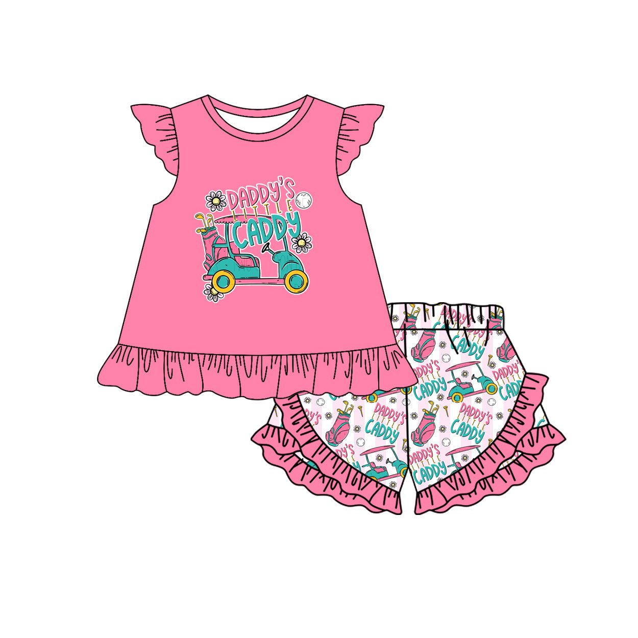 ( Moq 5 ) Preorder Baby Girls Short Sleeves Daddy's Caddy Tops Ruffle Golf Shorts Clothes Set