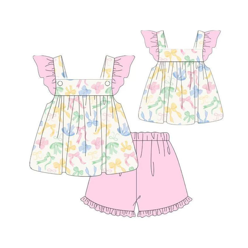 ( Moq 5 ) Preorder Baby Girls Short Sleeves Bows Tops Ruffle Pink Shorts Clothes Set