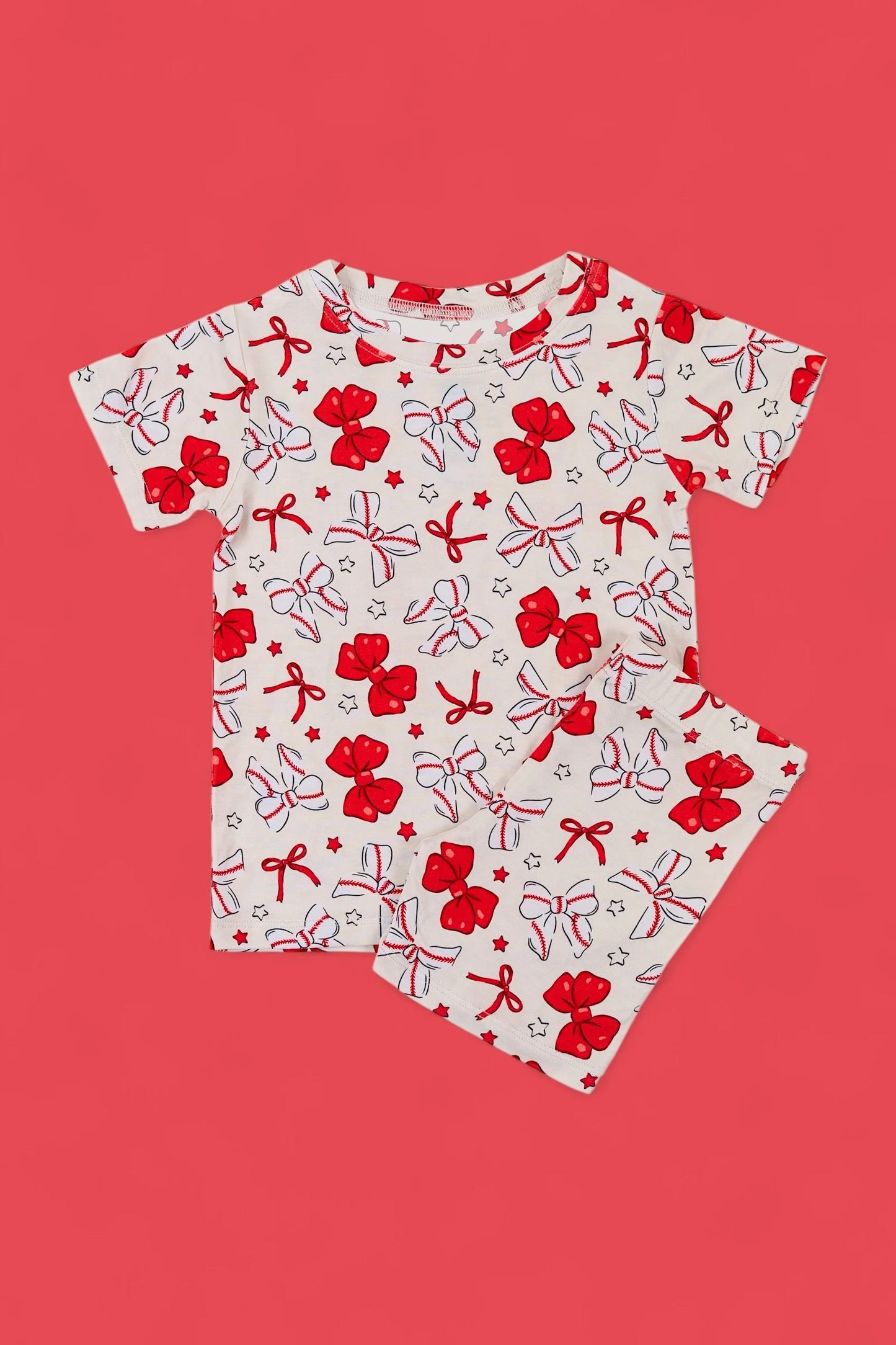 ( Moq 5 ) Preorder Baby Girls Short Sleeves Baseball Bows Shirt Shorts Pajamas Set