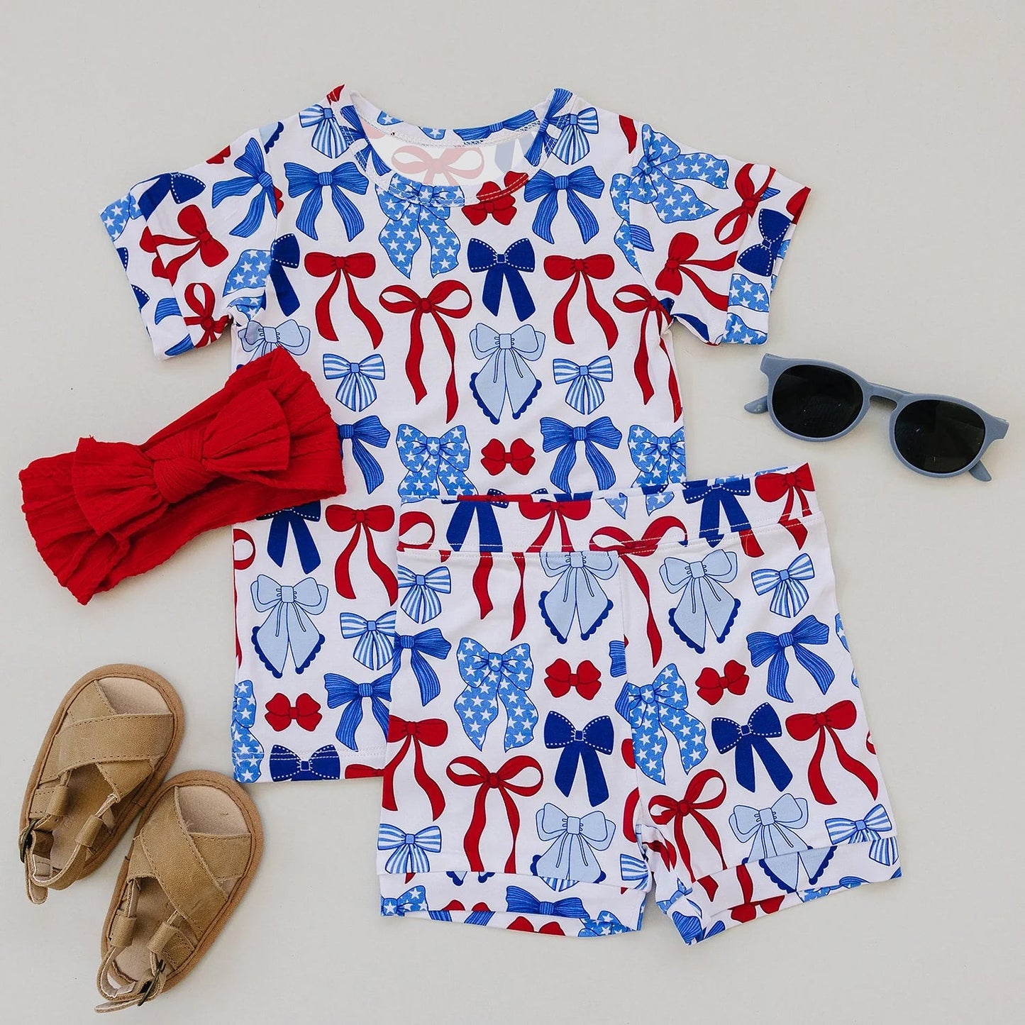 ( Moq 5 ) Preorder Baby Girls Short Sleeves Bows Shirt Shorts 4th of July Pajamas Set
