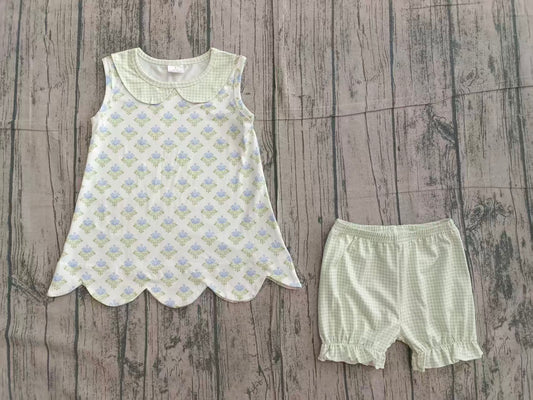 ( No moq ) Preorder Baby Girl Sleeveless Floral Scallop Tops Green Plaid Shorts Clothes Set