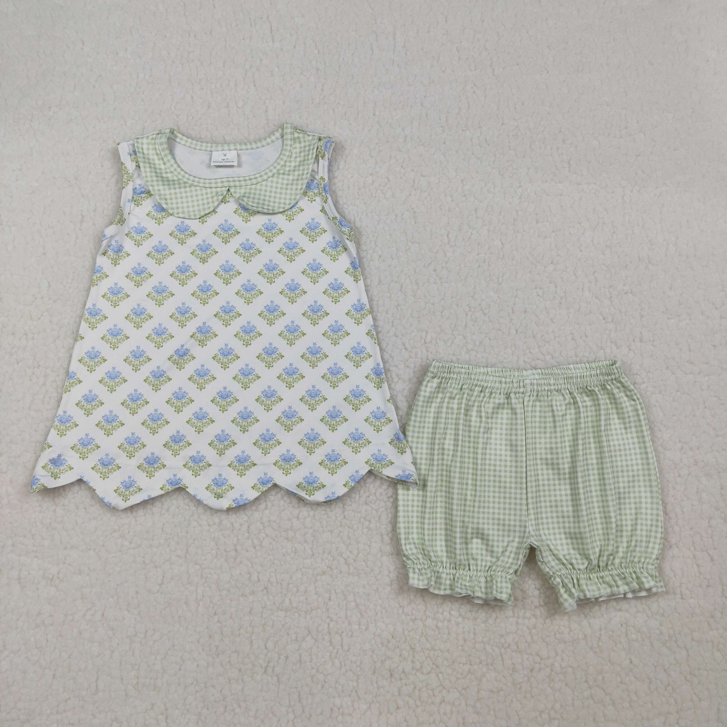 Sibling Baby Girls Kids Sleeveless Flower Scallop Tops Plaid Shorts Set Romper RTS
