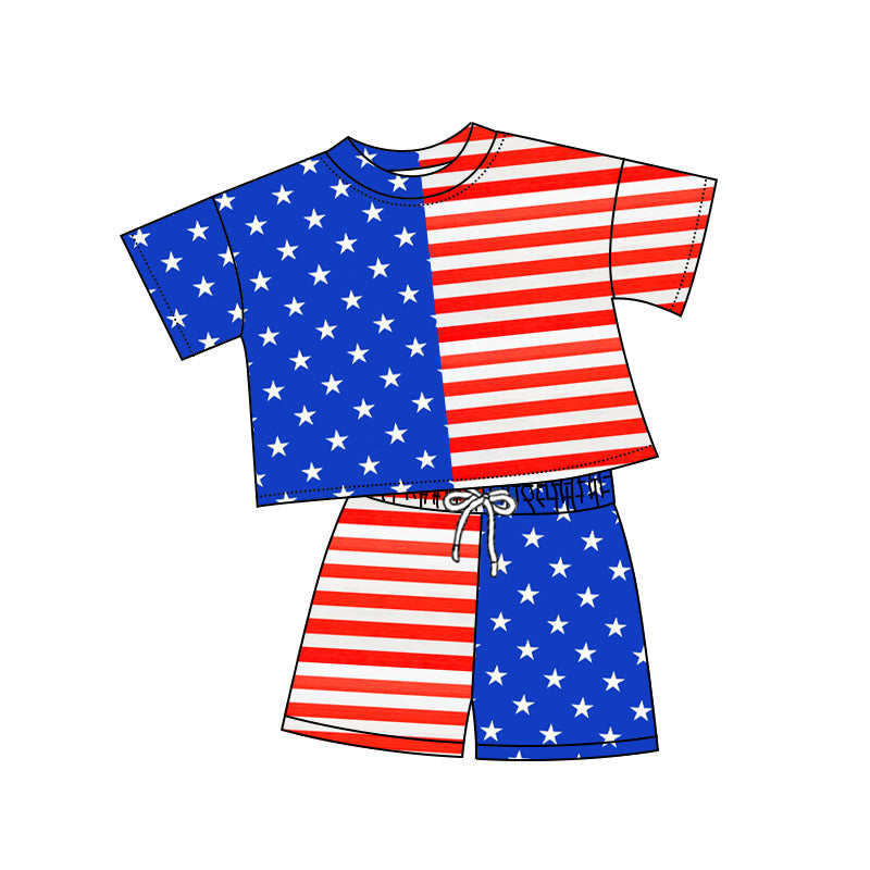 ( Moq 5 ) Preorder Baby Kids Toddler Blue Red Stars Stripes Tops Shorts July 4th Set