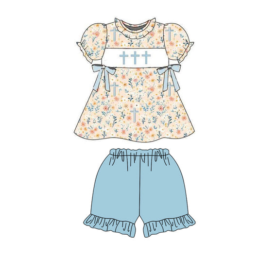 ( Moq 5 ) Preorder Baby Girls Short Sleeves Floral Crosses Tunic Shorts Easter Clothes Set