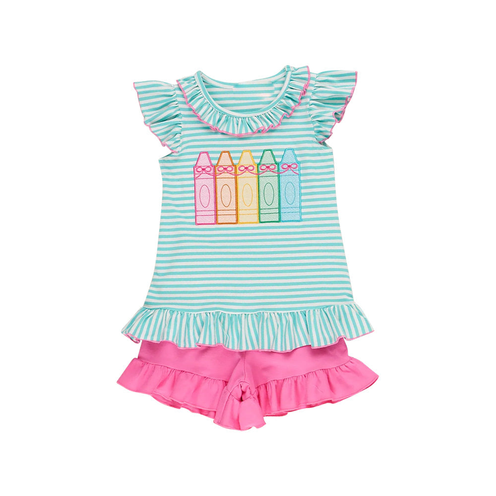 ( Moq 5 ) Preorder Baby Girls Bows Pencils Stripe Tunic Pink Shorts Back to School Clothes Set