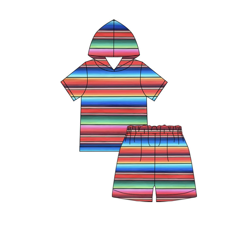 ( Moq 5 ) Preorder Baby Girls Short Sleeves Colorful Stripes Hoodie Shirt Shorts Clothes Set