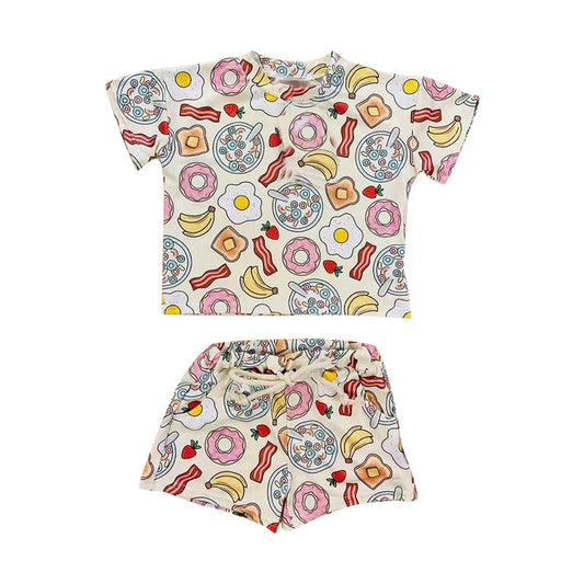 ( Moq 5 ) Preorder Baby Girls Kids Short Sleeves Donuts Eggs Shirt Shorts Clothes Set