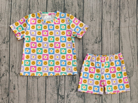 ( No moq ) Preorder Baby Girls Short Sleeves Smile Flower Checked Shirt Shorts Clothes Set