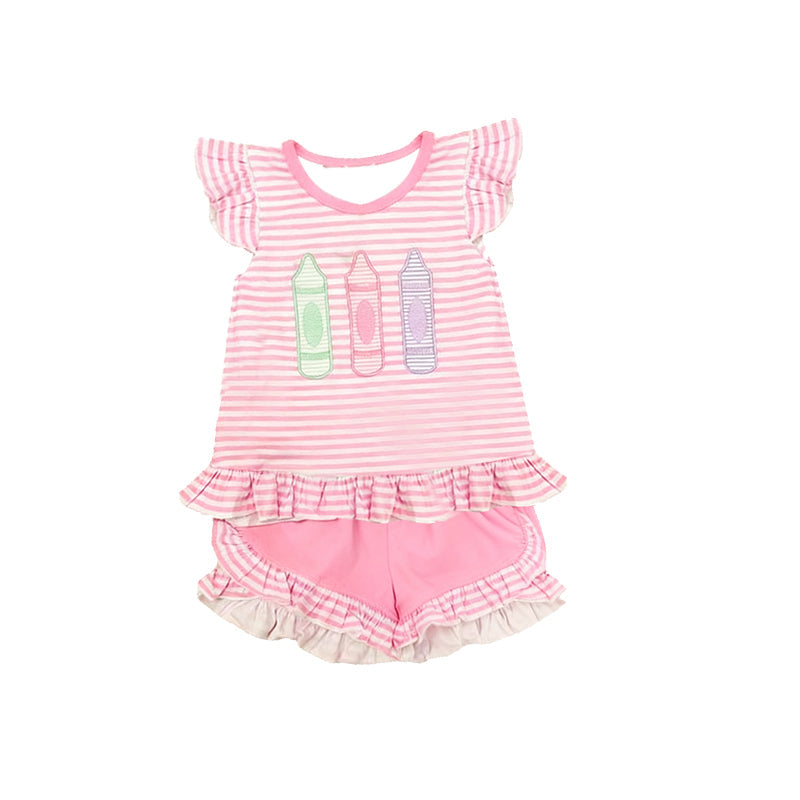 ( Moq 5 ) Preorder Baby Girls Short Sleeves Pencils Stripes Shirt Ruffle Shorts Back to School Set