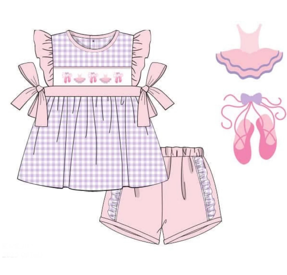 ( Moq 5 ) Preorder Baby Girls Short Sleeves Shoes Bows Plaid Tunic Ruffle Shorts Clothes Set
