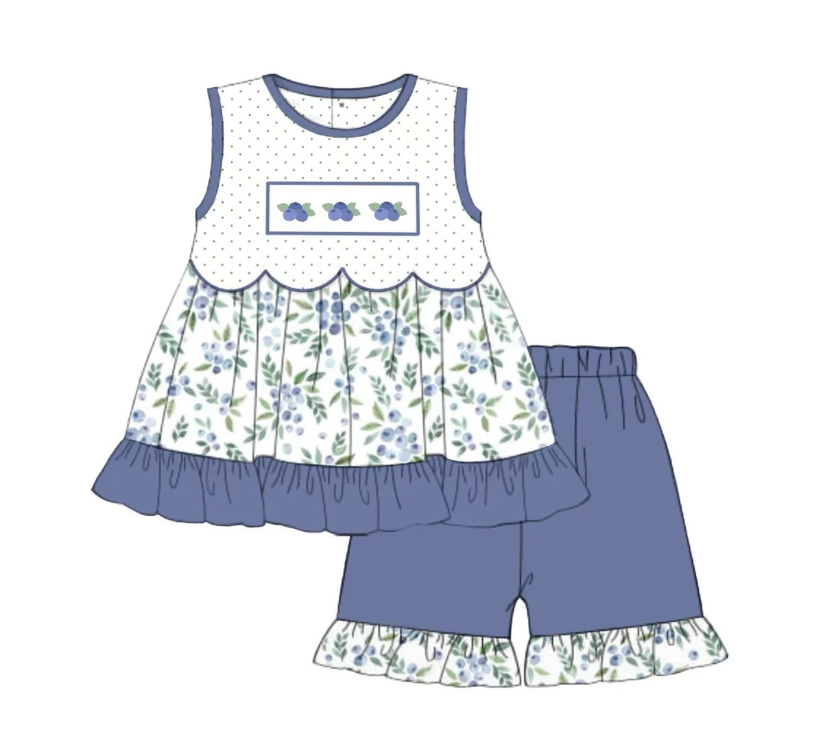 ( Moq 5 ) Preorder Baby Girls Sleeveless Ruffle Tops Blue Shorts Clothes Set