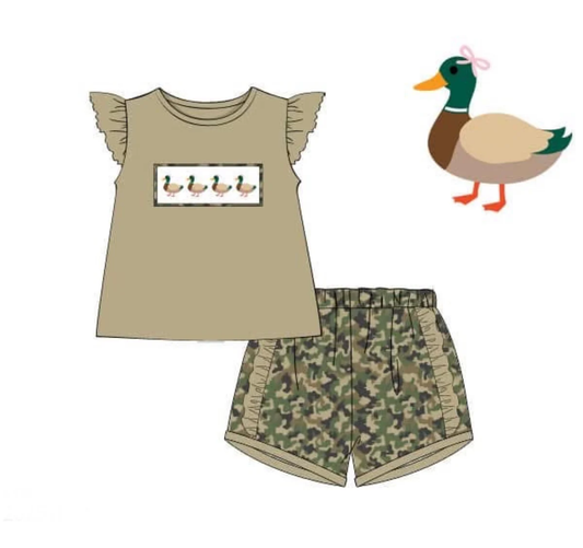 ( Moq 5 ) Preorder Baby Girls Short Sleeves Ducks Tops Camo Ruffle Shorts Clothes Set