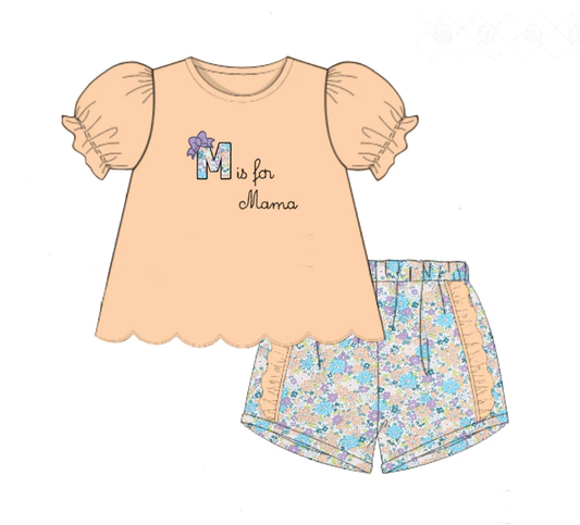 ( Moq 5 ) Preorder Baby Girls Short Sleeves Mama Shirt Floral Ruffle Shorts Clothes Set