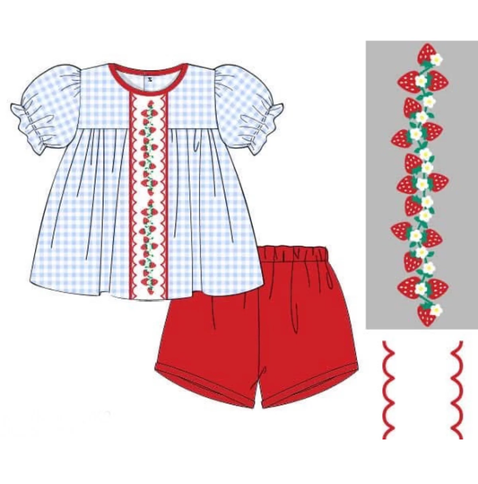 ( Moq 5 ) Preorder Baby Girls Short Sleeves Strawberry Plaid Tops Red Shorts Clothes Set