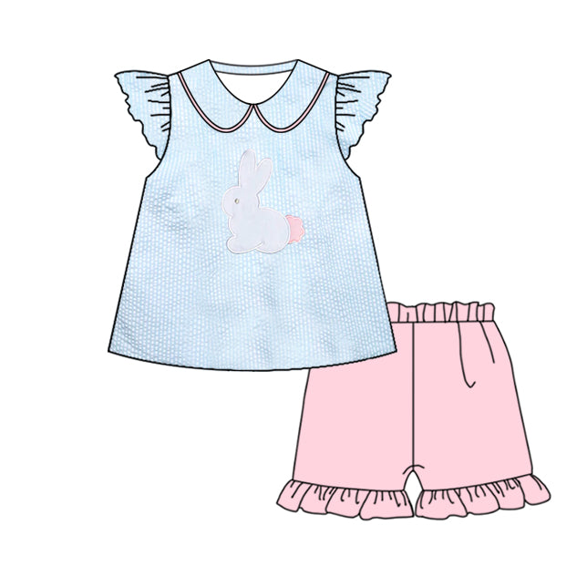 ( Moq 5 ) Preorder Baby Girls Short Sleeves Rabbit Tops Pink Shorts Easter Set