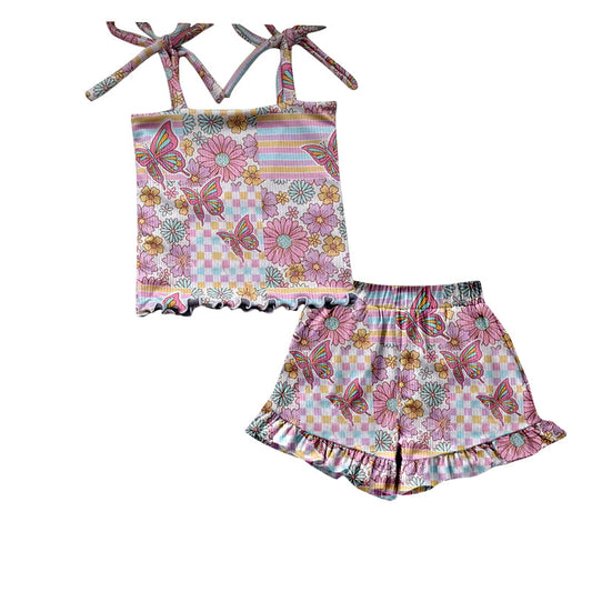 ( Moq 5 ) Preorder Baby Girls Straps Butterfly Flower Plaid Tops Ruffle Shorts Clothes Set