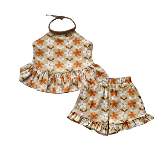 ( Moq 5 ) Preorder Baby Girls Kids Halter Flower Tops Ruffle Shorts Summer Set