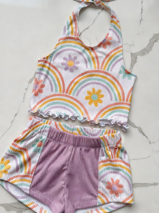( Moq 5 ) Preorder Baby Girls Halter Flower Tops Shorts Summer Clothes Set
