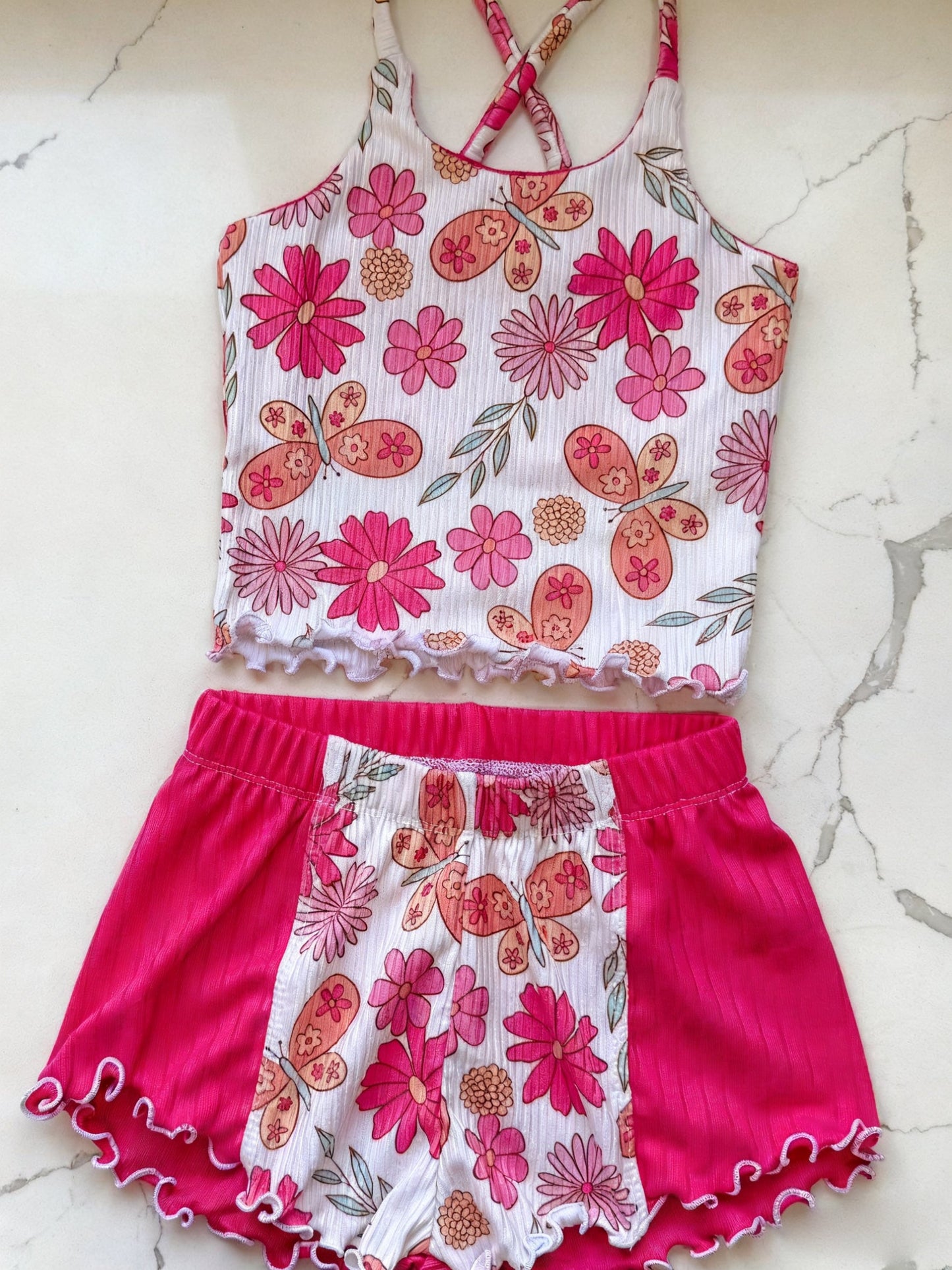 ( Moq 5 ) Preorder Baby Girls Sleeveless Butterfly Flower Tops Shorts Summer Clothes Set
