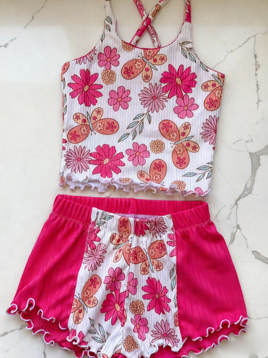( Moq 5 ) Preorder Baby Girls Sleeveless Butterfly Flower Tops Shorts Summer Clothes Set